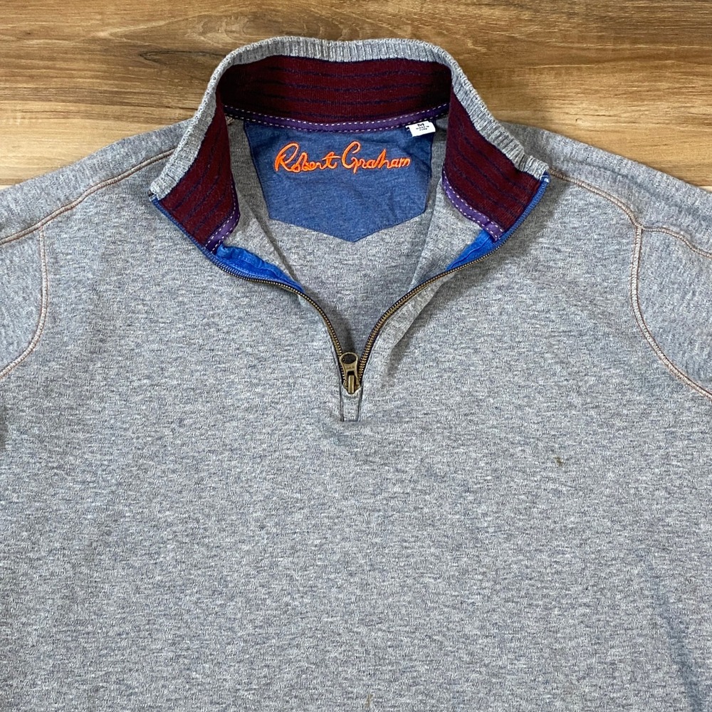 Robert Graham Quarter Zip Pullover Mens‎ Medium Cotton Contrast Stitch Grey